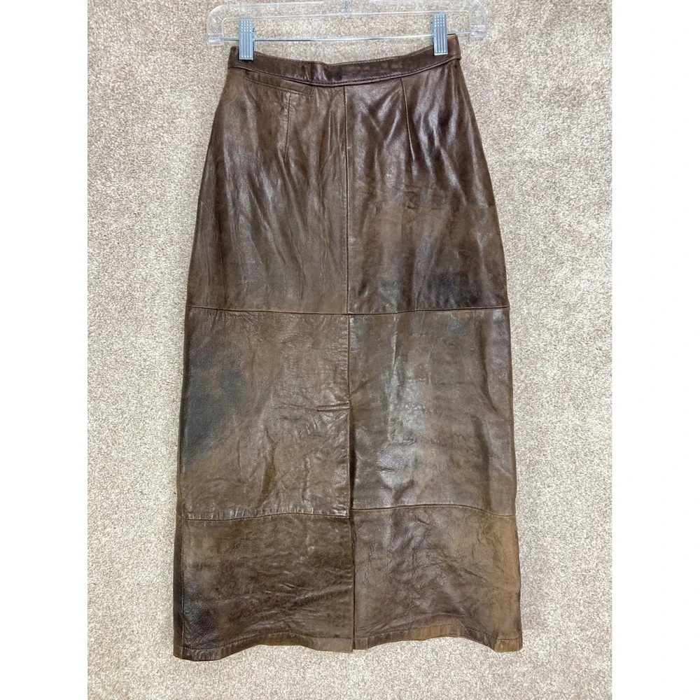 Banana Republic Vintage Distressed Leather Midi Skirt Womens 4 Brown Pencil 90s